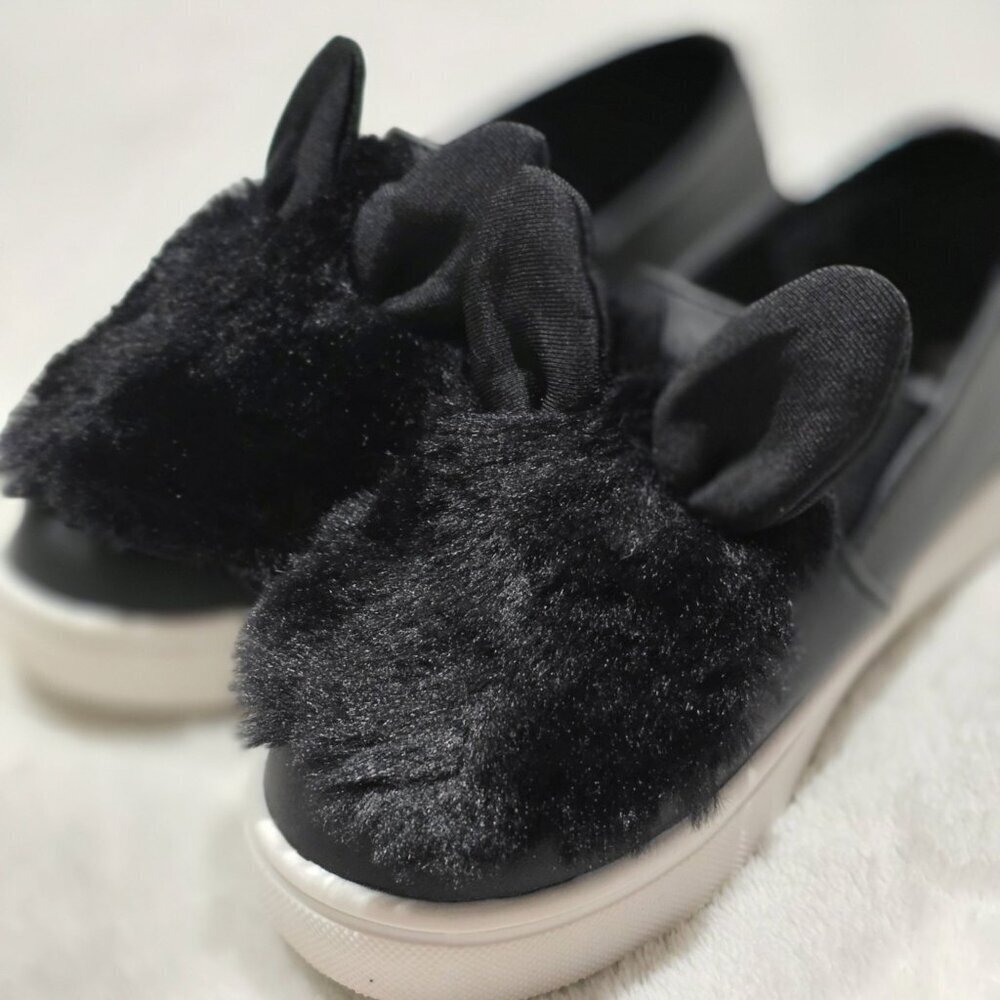 Nina ✦ Bunny Ear Slip-On Shoes ✦ Black Faux Fur Toddler Flats Girls 10 NWT
